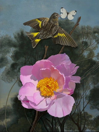 Painting of a bird perched on a branch with a butterfly and a pink flower in the foreground.