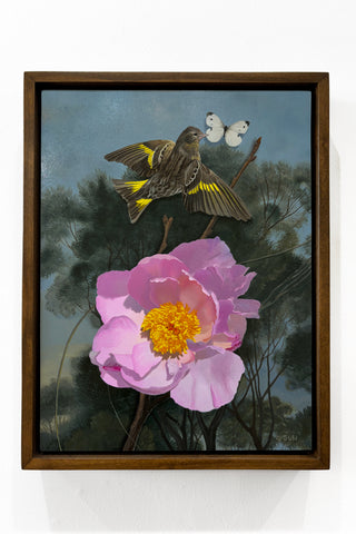 Framed artwork of a bird perched on a pink flower with a butterfly.