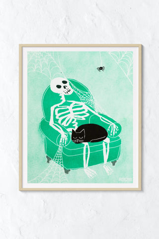 Skeleton Lap Cat Risograph Print