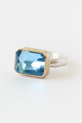 Small Rectangular Inverted Swiss Blue Topaz Ring