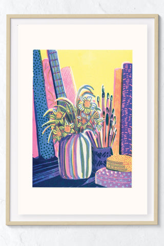 Still Life with Books and Flowers #3 Risograph Print