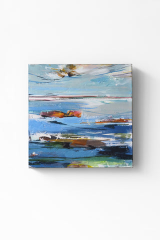 Abstract painting of a coastal scene with rocks on a white background