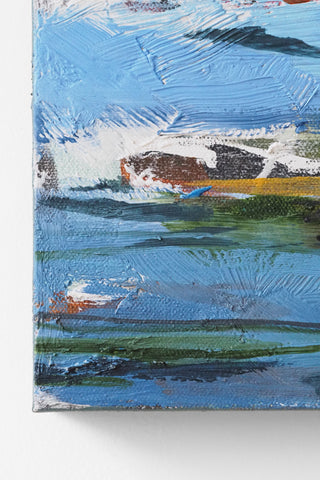 Abstract painting with blue, green, and brown tones on a white background