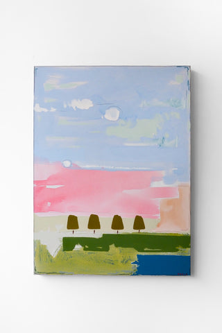 Abstract painting of a landscape with trees, sky, and water on a white background