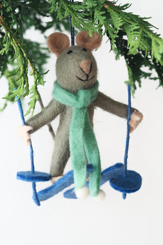 Handmade Sylvia the Skiing Mouse Felt Ornament