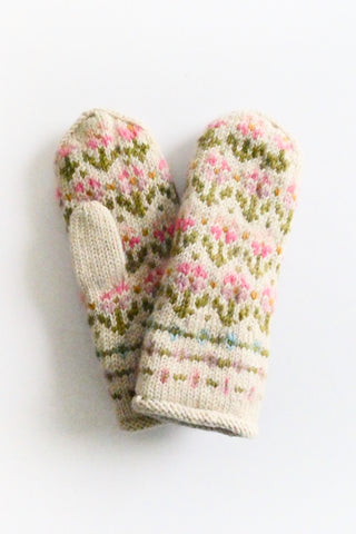 Pair of knitted mittens with floral pattern on a white background