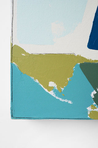 Close-up of a textured painting with green, blue, and white colors.