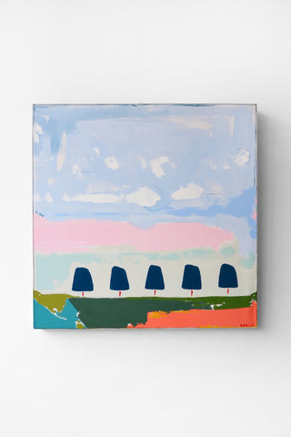 Abstract painting with colorful landscape and blue shapes on a white background