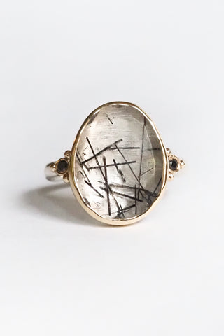 Tourmilated Quartz + Black Diamond Ring