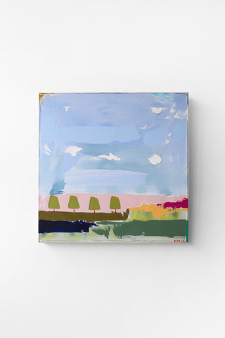 Abstract painting of a landscape with trees and a rich colors on a white background