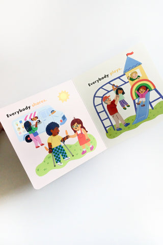 Two children's books with illustrations of diverse children playing together on a white background.
