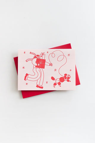 Winter Babe Walking Dog Letterpress Greeting Card