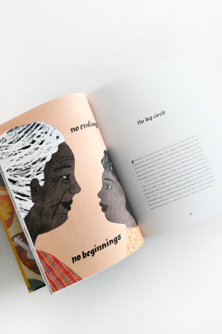 Open book with illustrations of two faces and text on a white background
