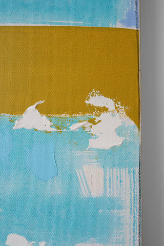 Abstract art piece with white shapes on a blue and brown background