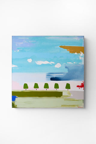 Abstract painting of a landscape with trees and a blue sky on a white background