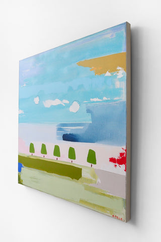 Abstract painting with a blue sky, green trees, and red and yellow details on a white wall.