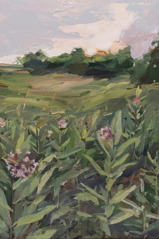 Painting of a field with green plants and purple flowers under a cloudy sky.