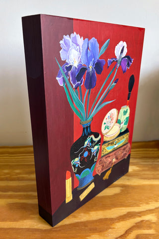 Irises with Brush, Compact, and Lipstick